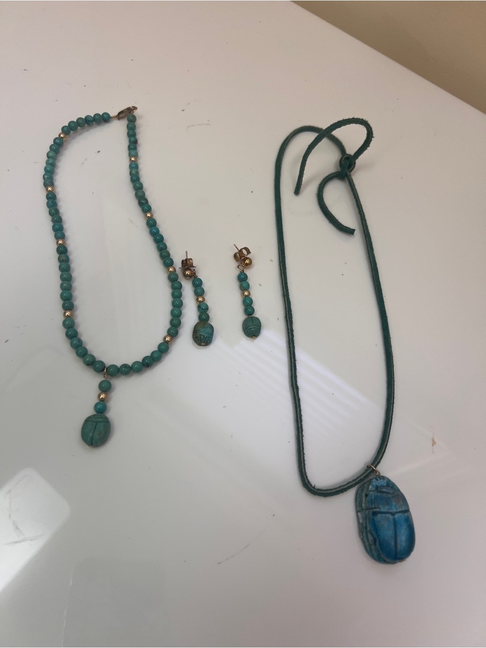 Turquoise Scarab Bead Necklace and Earring Set
